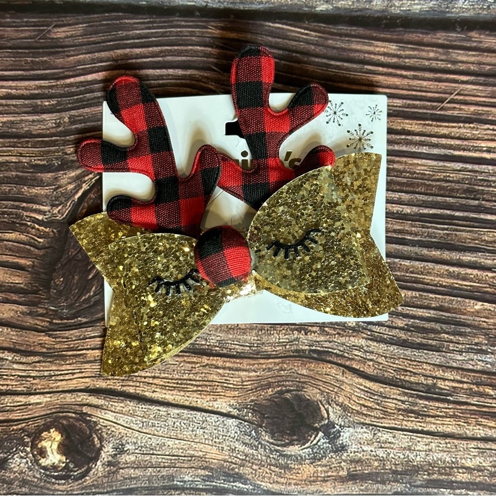 Claire’s Gold Glitter Plaid Reindeer Hair-bow